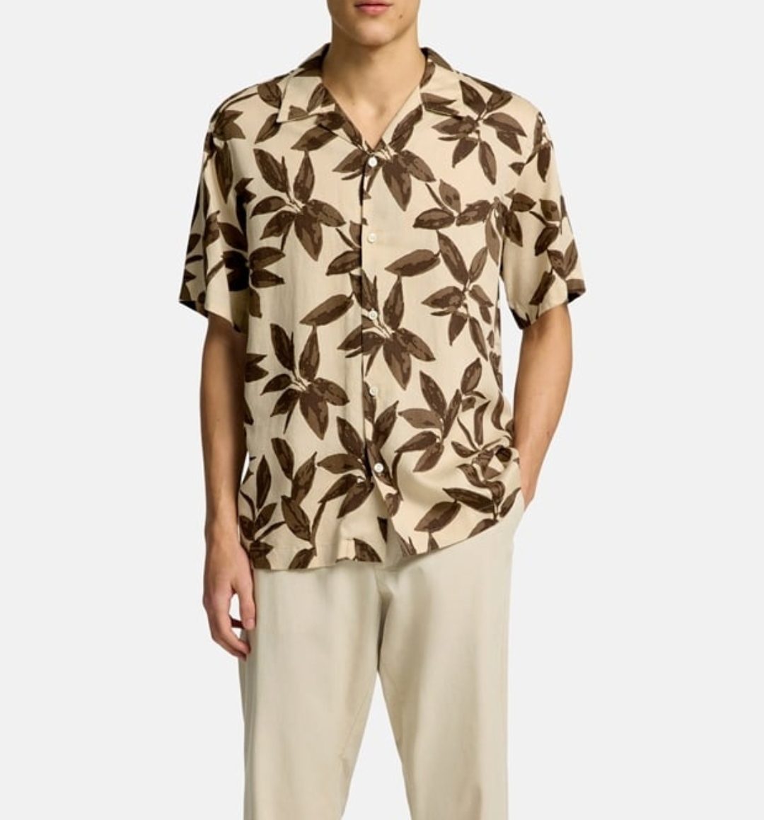 Chemise Homme à manches courtes imprimé feuilles Beige