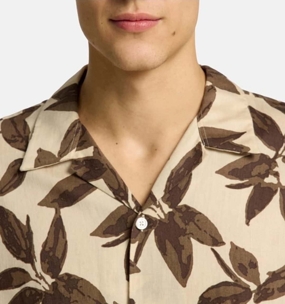 Chemise Homme à manches courtes imprimé feuilles Beige